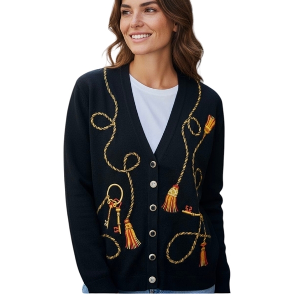 Vintage Sweaters - Vtg 90s Cardigan Black Sweater W/ Rope & Keys maximalist Embroidered Design Sz M